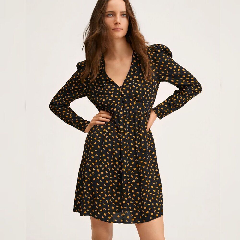 MANGO - 4 Printed Mini Dress With Balloon Sleeves Black & Yellow